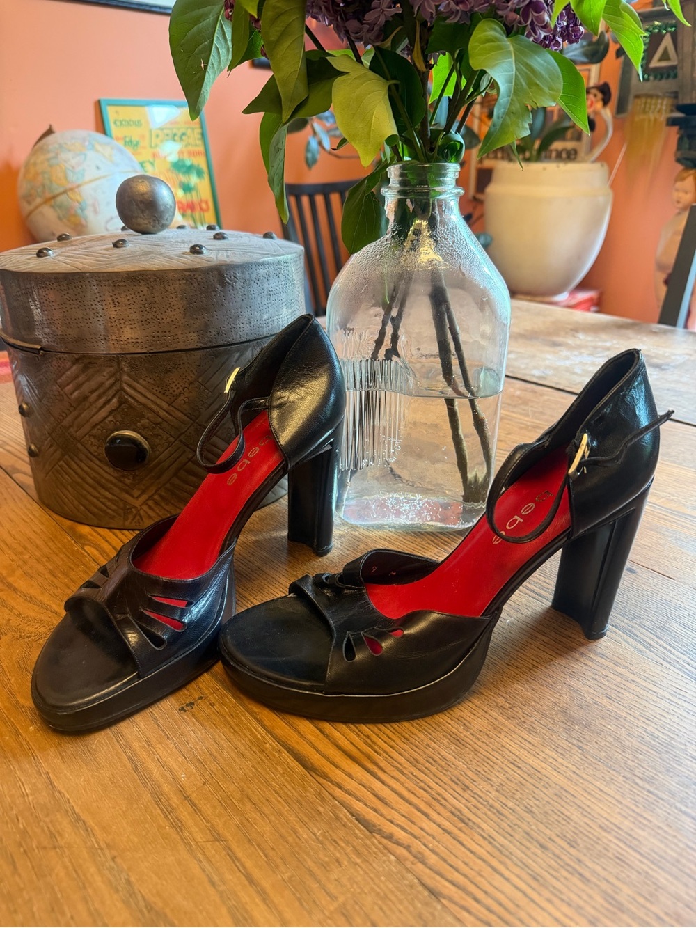 bebe Black Peep Toe Platform Pumps with Red Lining